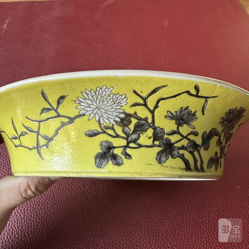 清晚期 黄地墨彩菊花纹花盆及盆奁一对 - 图17